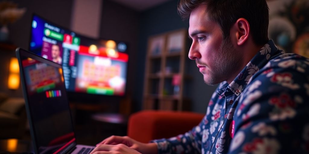 A Kiwi using a laptop for online gambling at home.