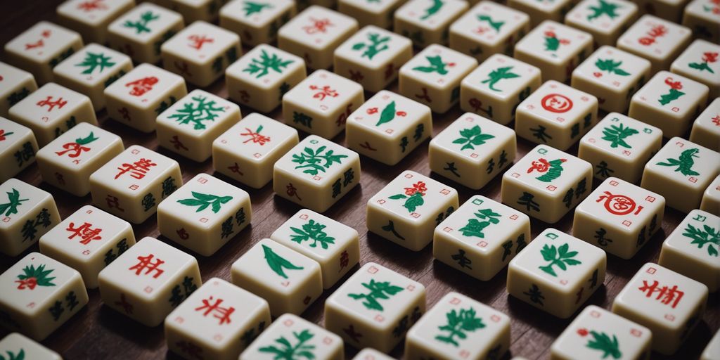 A set of Mahjong tiles displaying Bamboo, Characters, Dots, Winds, and Dragons types, neatly arranged for clarity.