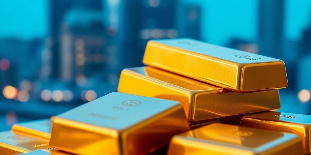 Des lingots d'or brillants sur un fond urbain flou.