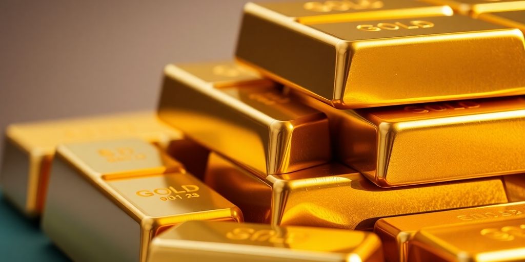 Lingots d'or brillants sous une lumière dorée.