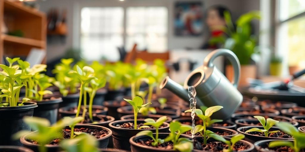 Seedlings thriving under grow lights indoors.