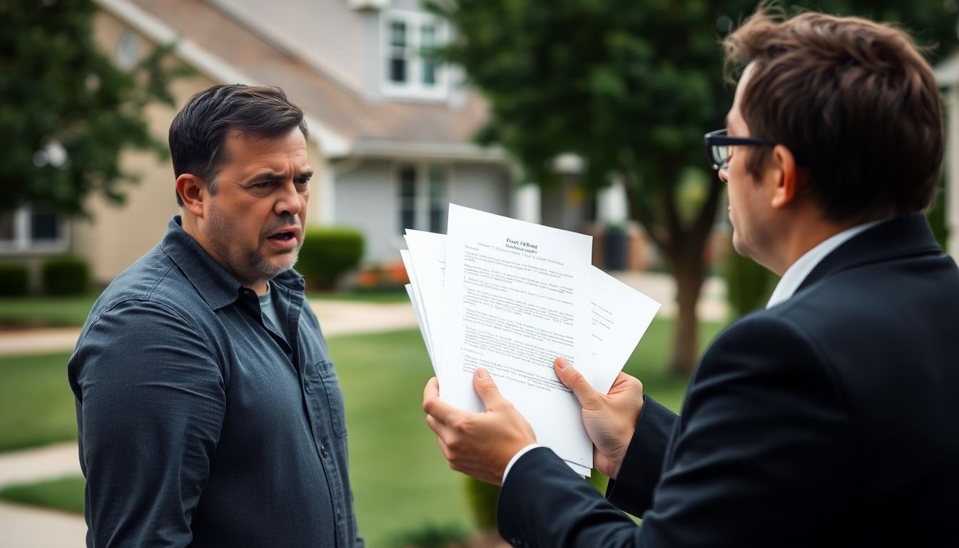 Process server handing divorce papers to angry husband.