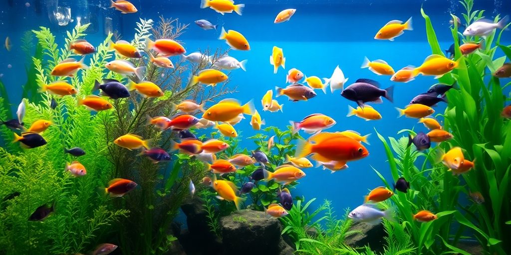 色彩斑斓的鱼在郁郁葱葱的水族馆中游动。
