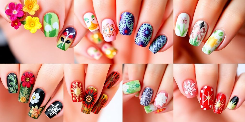 Colorful seasonal nail art designs on manicured nails.
