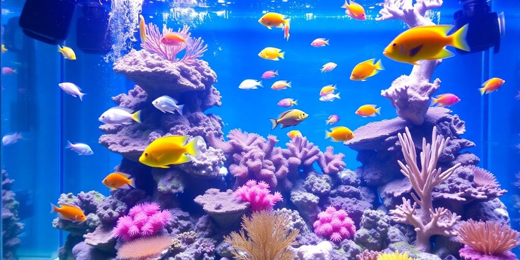 Colorful saltwater fish tank with corals and fish.