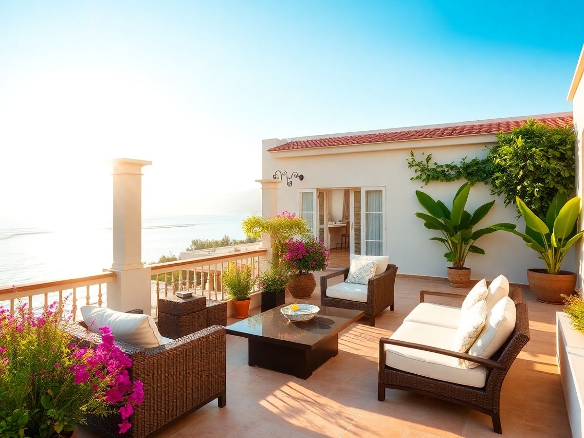 Terrasse de villa sereine avec une verdure luxuriante et une caractéristique d'eau tranquille.