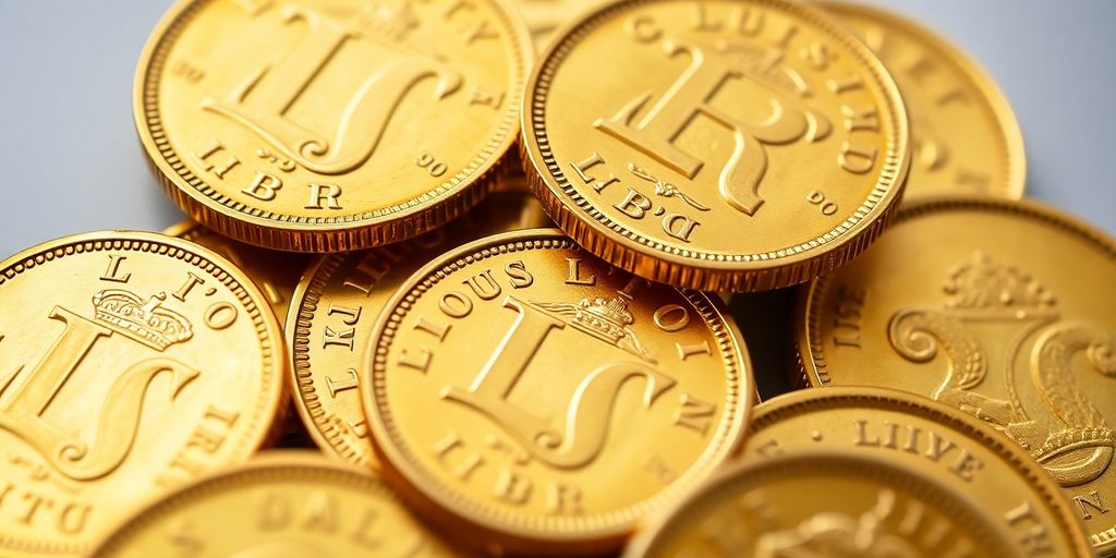 Pièces de Louis d'or dorées, gros plan sur les détails gravés.