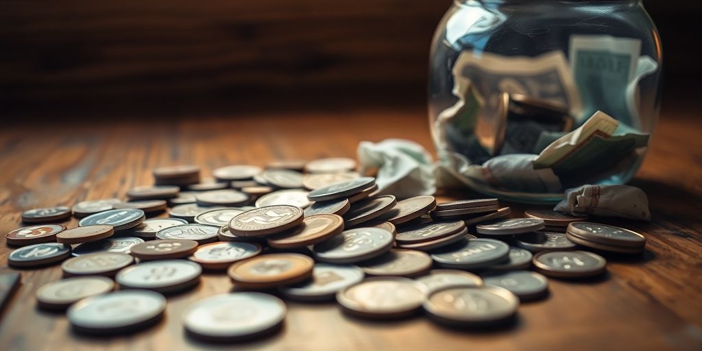 Petites pièces et billets sur une table en bois.