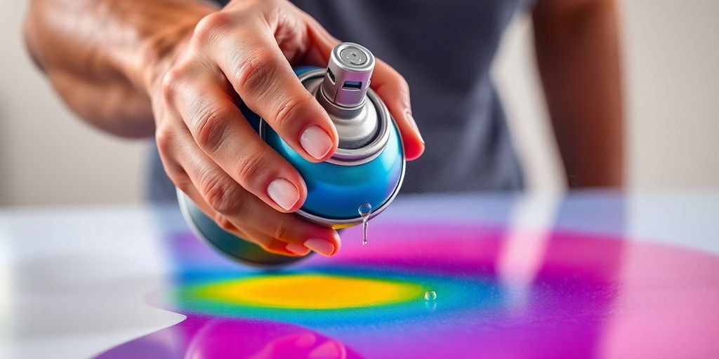 Hands using spray paint on a colorful surface.