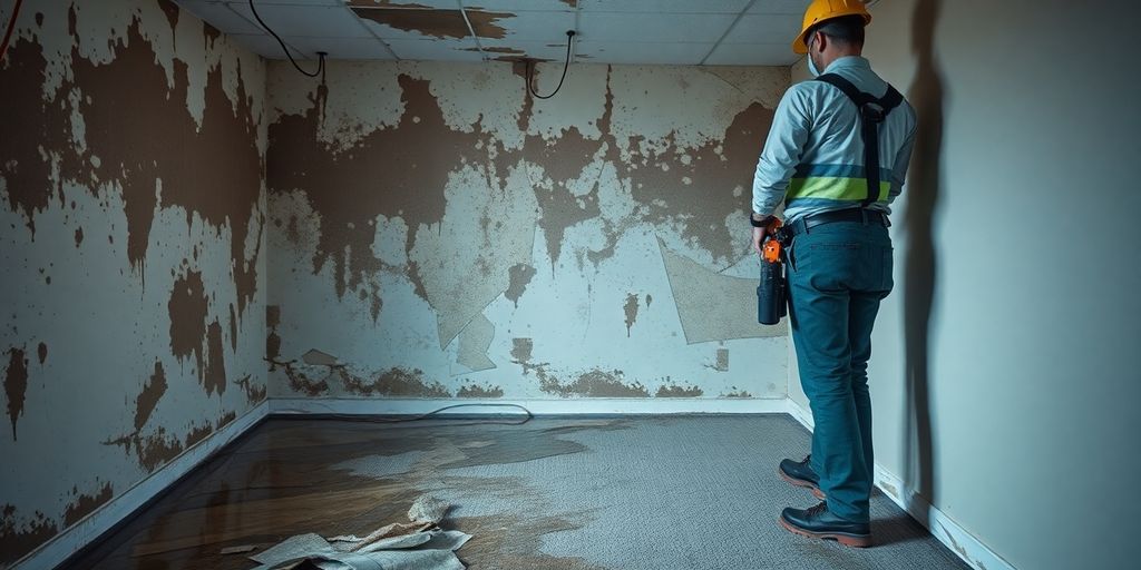 Water-damaged room with technician assessing the situation.