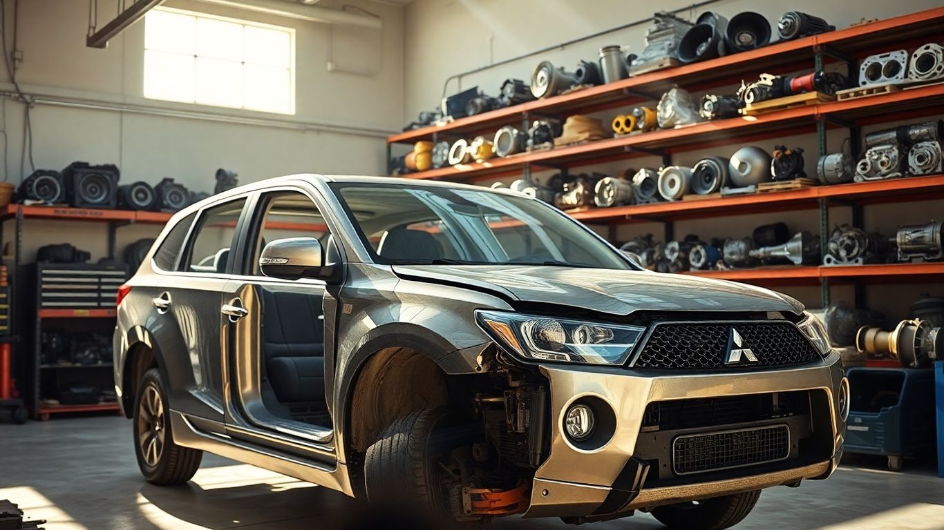 Mitsubishi car parts in a workshop