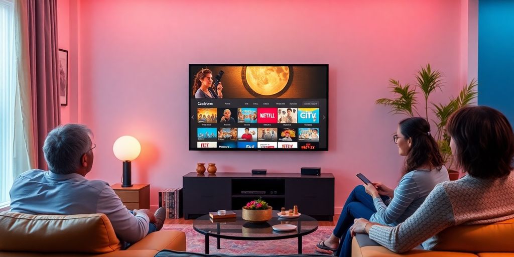 Modern living room with TV showing streaming options.