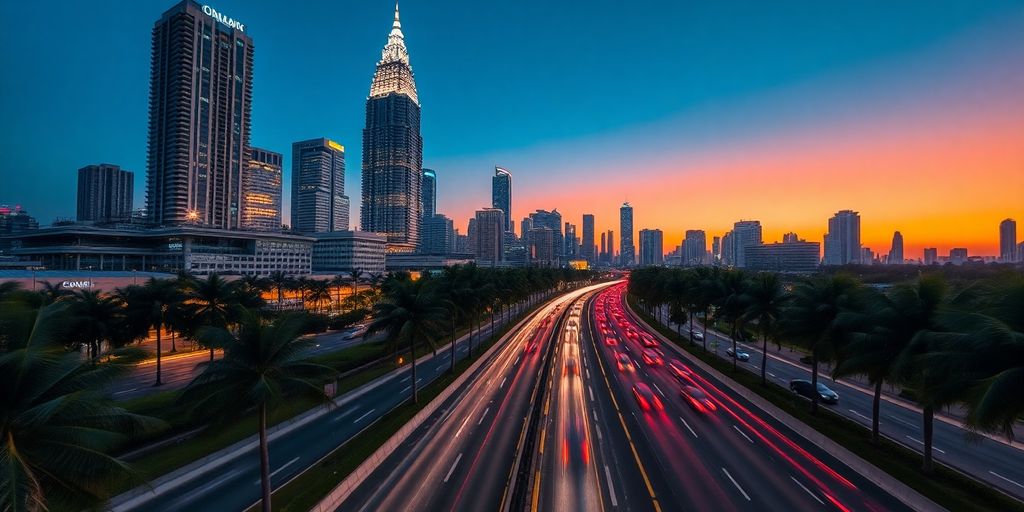 Kuala Lumpur cityscape, busy road.