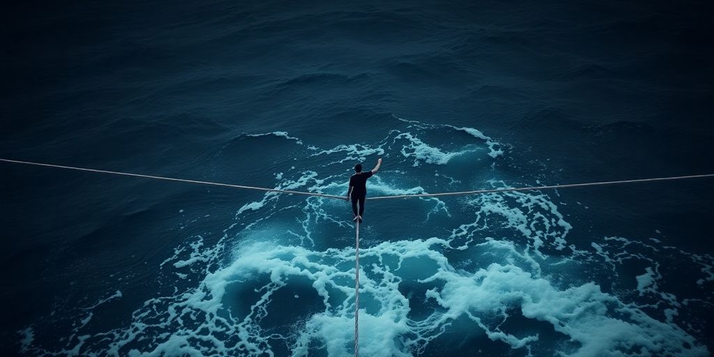 Worker balancing on precarious rope over turbulent water.