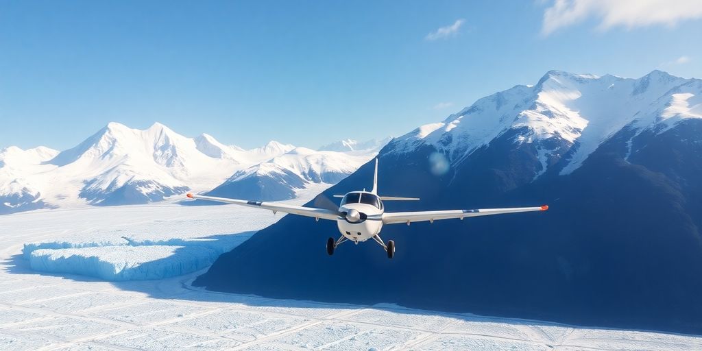 A small tour plane flying over vast Alaskan glaciers and mountains.