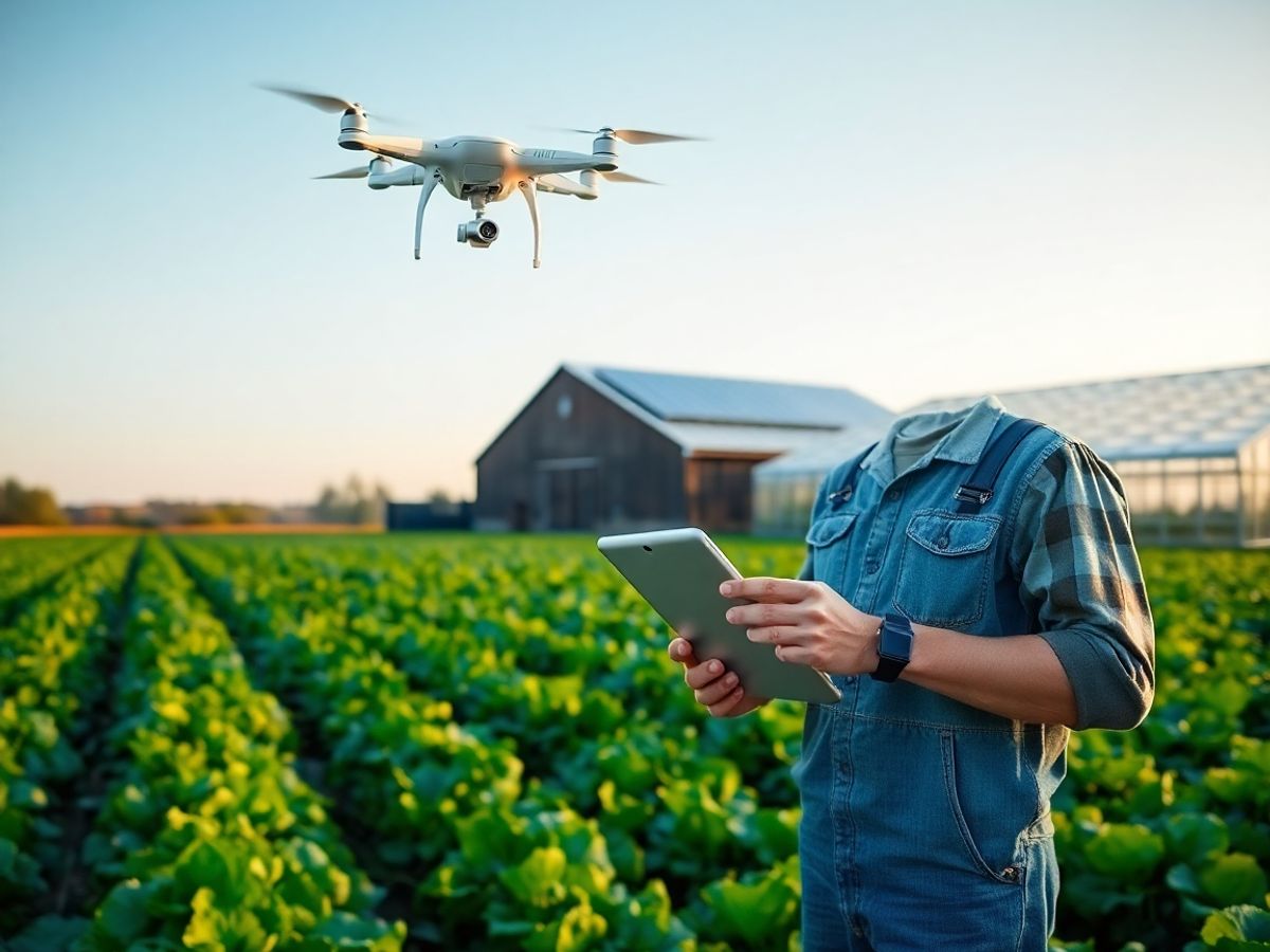 Fermier cu tabletă în câmp verde, dronă zburând sub soare