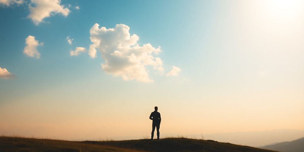 Silhouette on a hill looking towards a bright horizon.