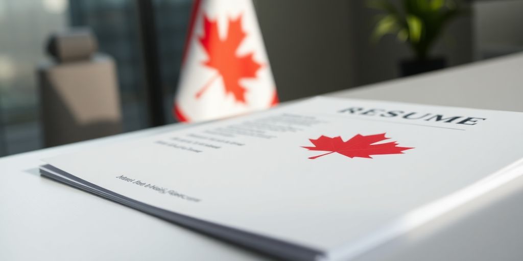 Canadian flag, maple leaf, professional resume on a modern desk