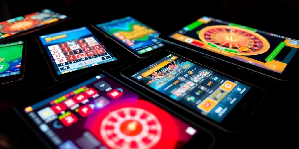 Tablets and phones displaying various betting games.