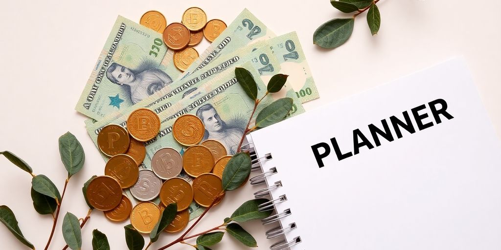 Aussie coins, bills, budget planner, eucalyptus leaves