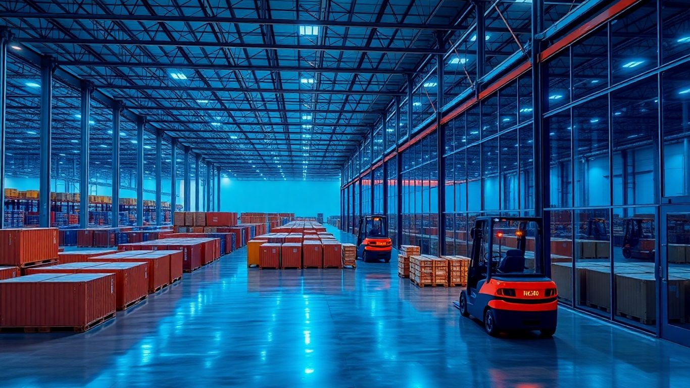 Warehouse with containers, autonomous forklifts, cameras, biometric gate, server room.