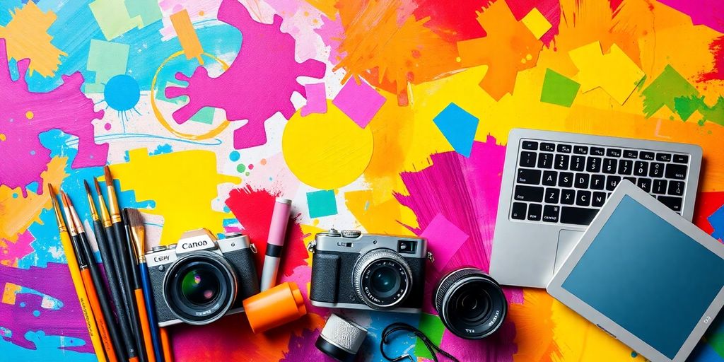 Colorful collage of creative tools and devices.