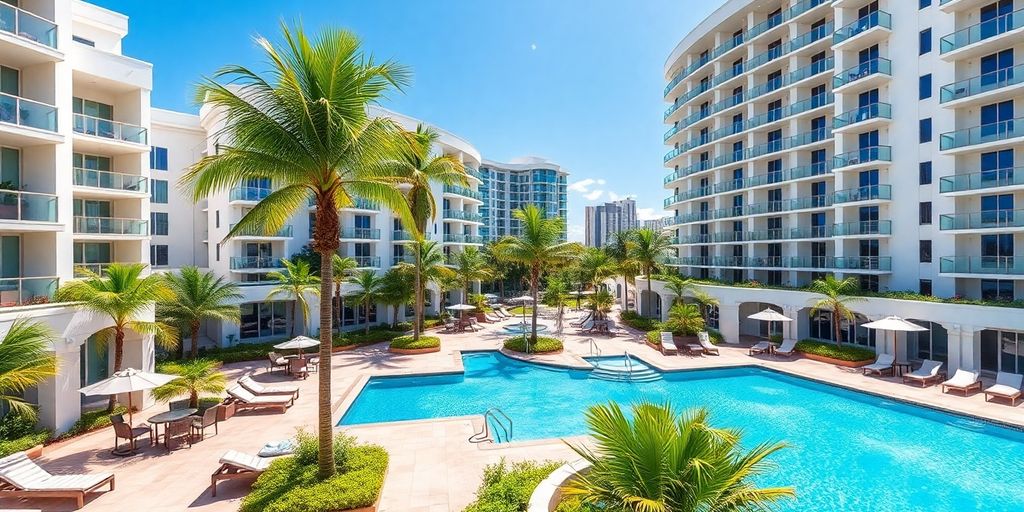 Colorful Aventura condos with luxurious amenities and palm trees.