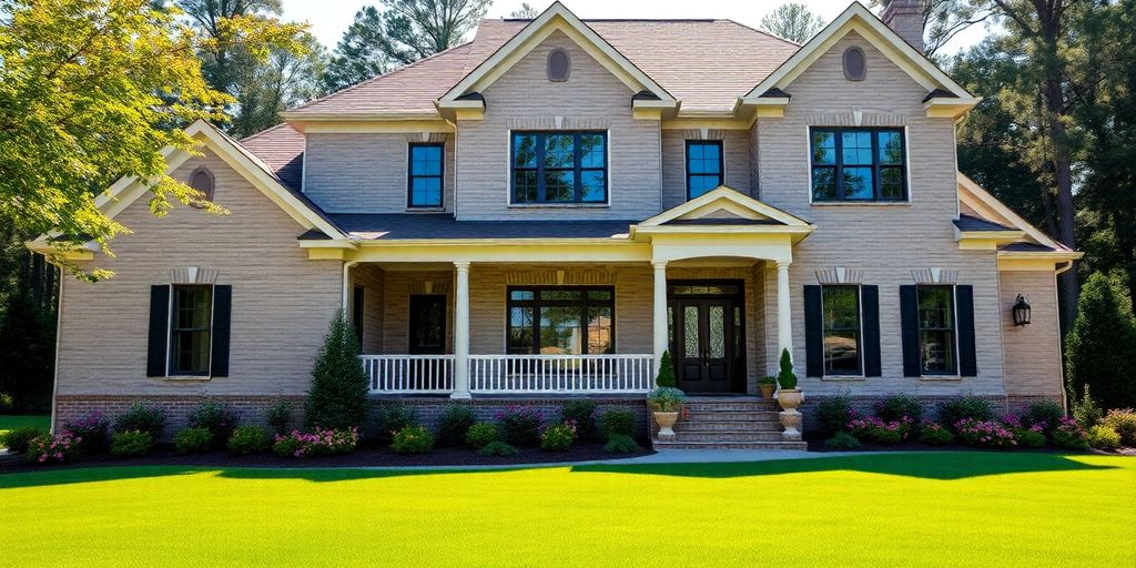 Elegant modern home, inviting porch, lush landscaping.