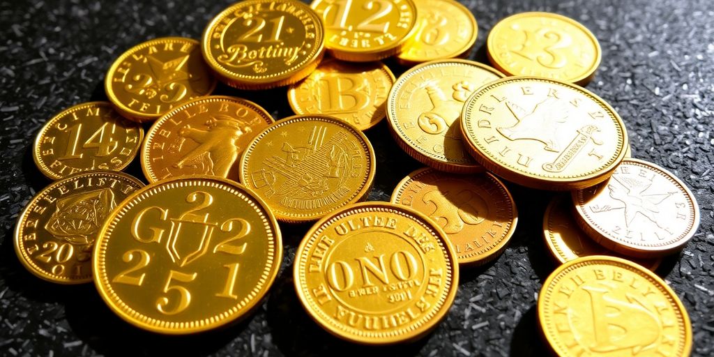 Assortiment de pièces d'or européennes sur une surface texturée.