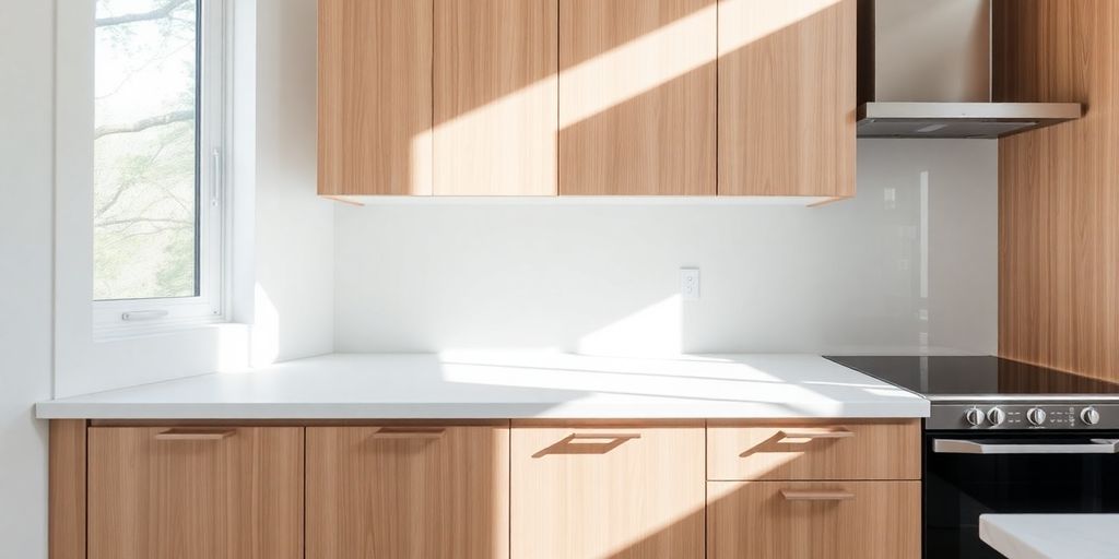 Modern kitchen with sleek custom wooden cabinets.