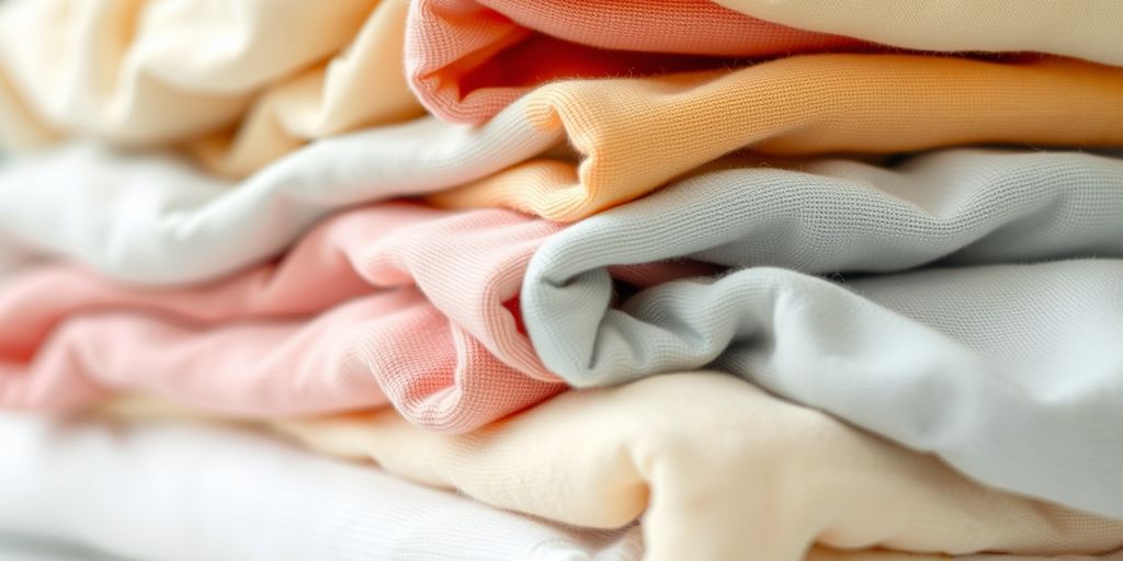 Soft, colorful baby clothes folded in a stack.