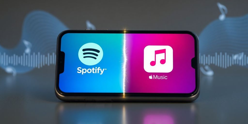 Spotify and Apple Music app icons, intertwined.