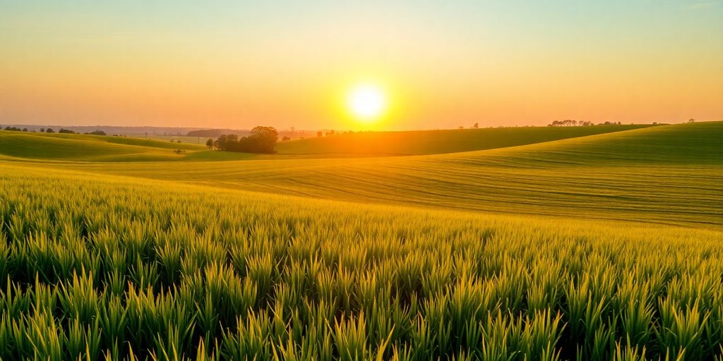 Golden sunrise over green fields indicating prosperity.