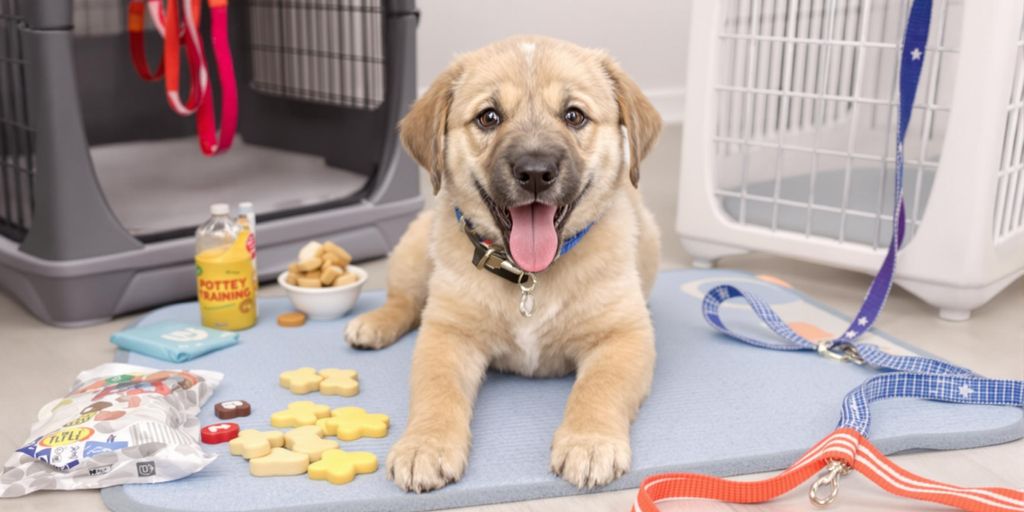 Puppy with potty training tools on a training pad.