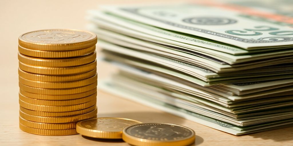 Stack of coins next to a stack of paper money.