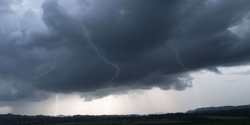 Pluie torrentielle et éclairs frappant un paysage.
