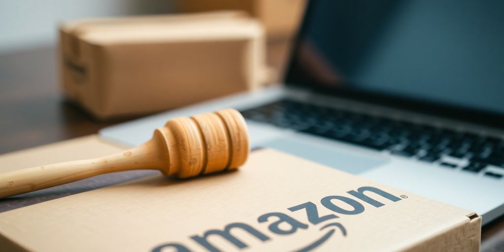 Gavel on Amazon box next to laptop.
