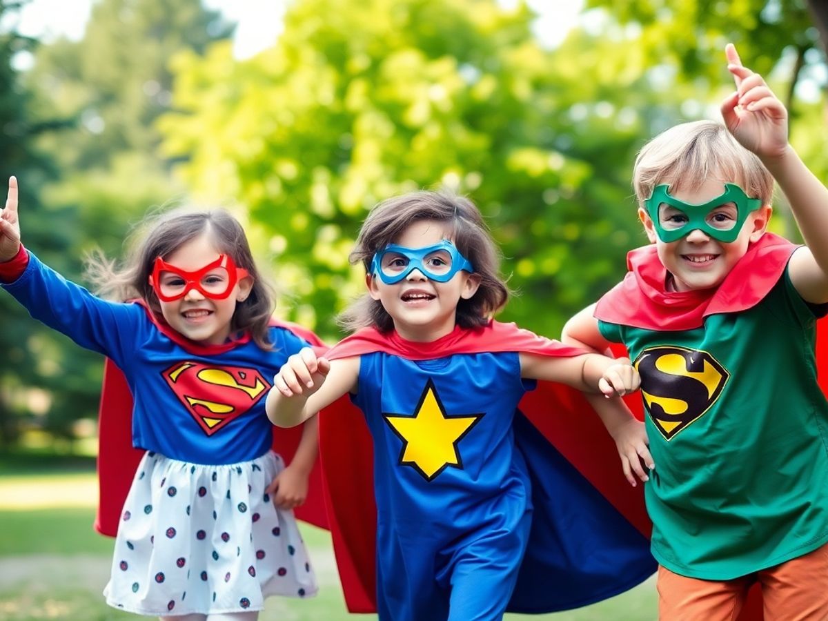 Copii îmbrăcați în costume de supereroi jucându-se.