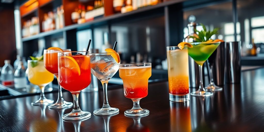 Luxe cocktailbar met glazen en flessen.