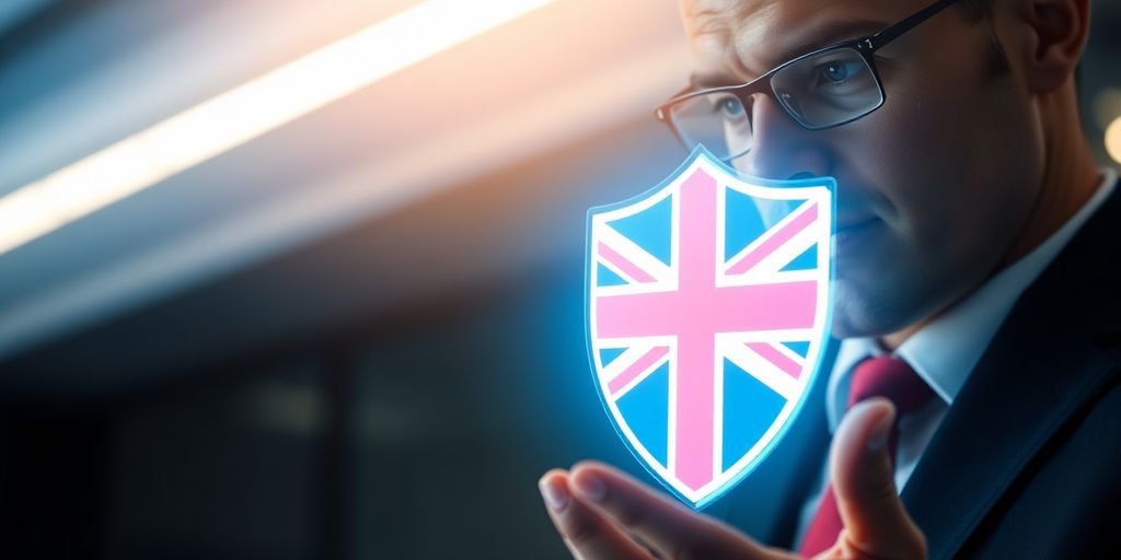 Man examining a digital shield with UK flag.