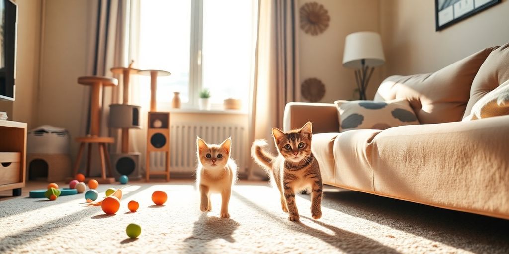 Playful kitten exploring a warm and inviting living room.