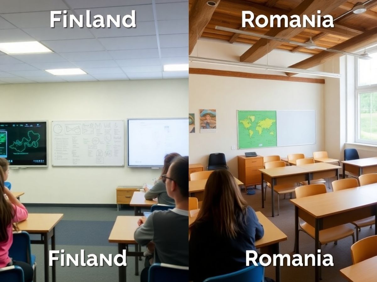 Elevi finlandezi și români în săli de clasă moderne și tradiționale.