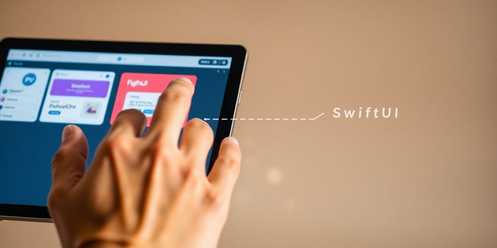 Figma design flowing into SwiftUI code lines.