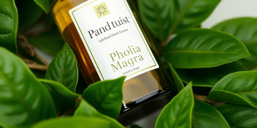 Frasco de Pholia Magra com folhas verdes.