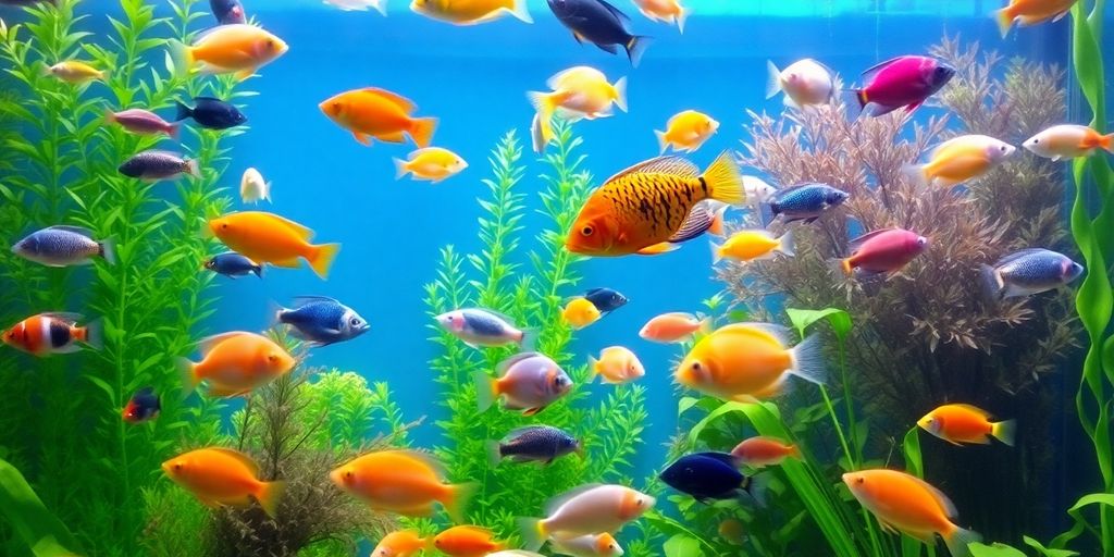 色彩斑斓的淡水鱼在郁郁葱葱的水族箱中游泳。