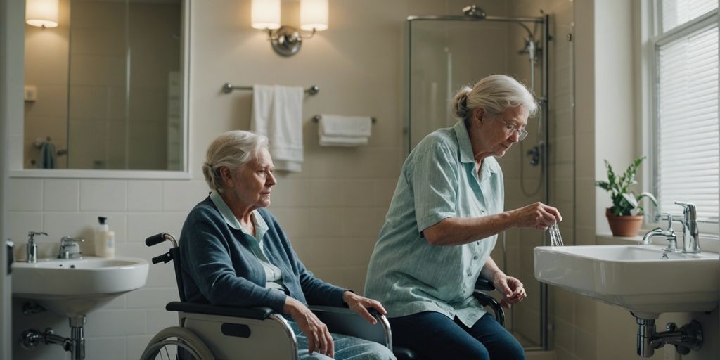 Caregiver helping elderly person in a clean bathroom with a rented shower chair, emphasizing hygiene and safety.