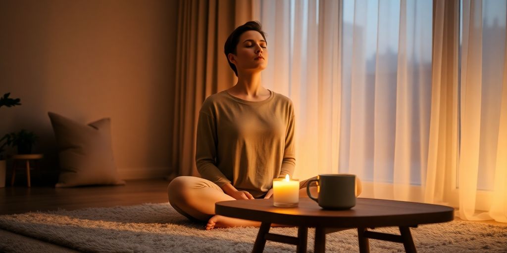Person meditating cross-legged beside small table with candle and tea.