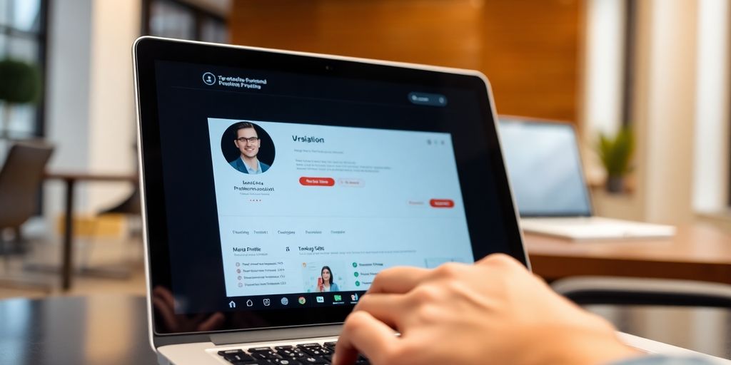 Laptop with professional profile on screen