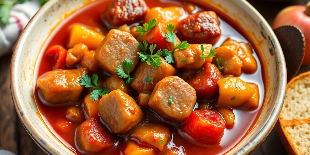 Leckeres Bratwurst-Gulasch mit buntem Gemüse und Kräutern.
