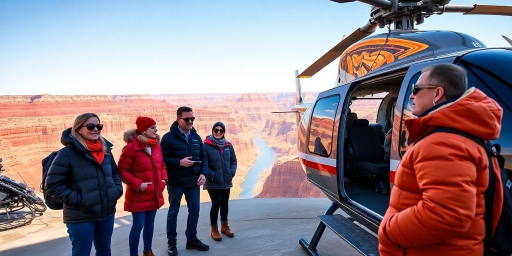 Tourists in outdoor clothing boarding a helicopter at the Grand Canyon.